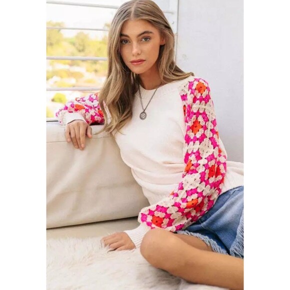 Davi & Dani Womens Granny Square Crochet Sweater 1XL XL 1X White Pink Orange - Picture 3 of 14